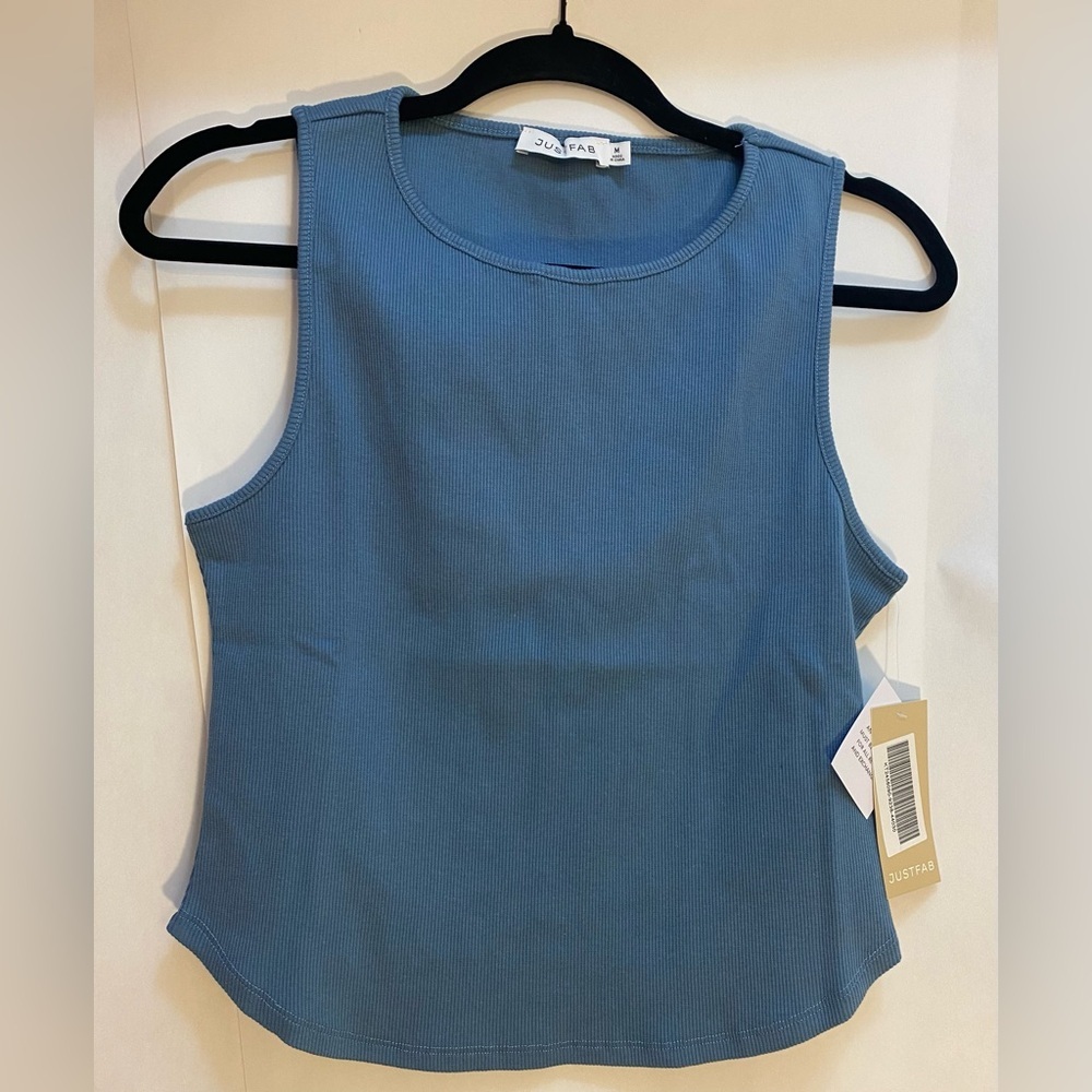 JustFab Women Blue Ribbed Knit Tank Top Curved Hem Sleeveless Crew Neck Size M